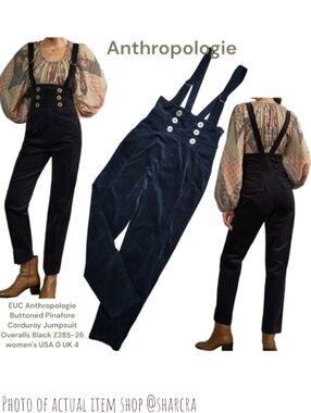 Anthropologie Women's Buttoned Pinafore Corduroy Jumpsuit OB1405131 Black Sz S 4